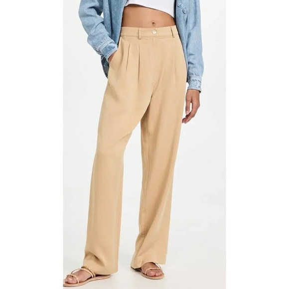 DONNI. Twill Pleated Wide Leg Pants in sand XLarge Womens Trousers - Picture 1 of 16
